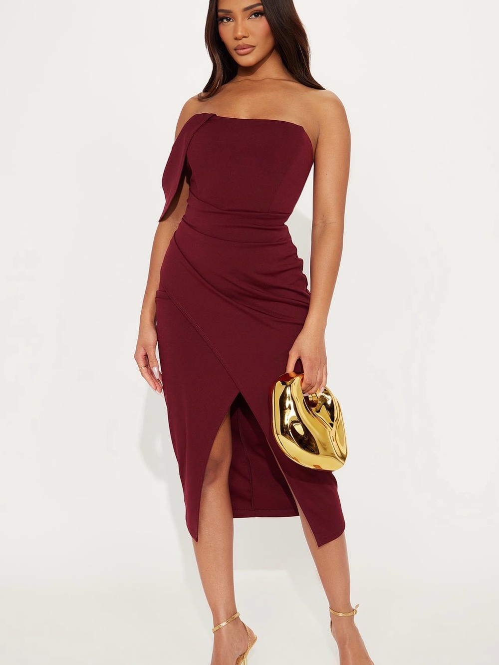 Fashion Nova Strapless Burgundy Midi Dress with Front Slit